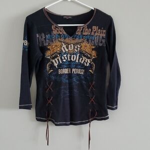 Skinny Minnie Black and Brown Graphic V-neck Vintage Y2K 90's Cute Top Sz L M S